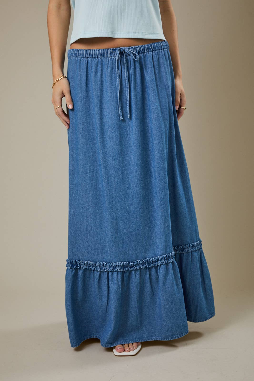 TIERED DENIM MAXI SKIRT
