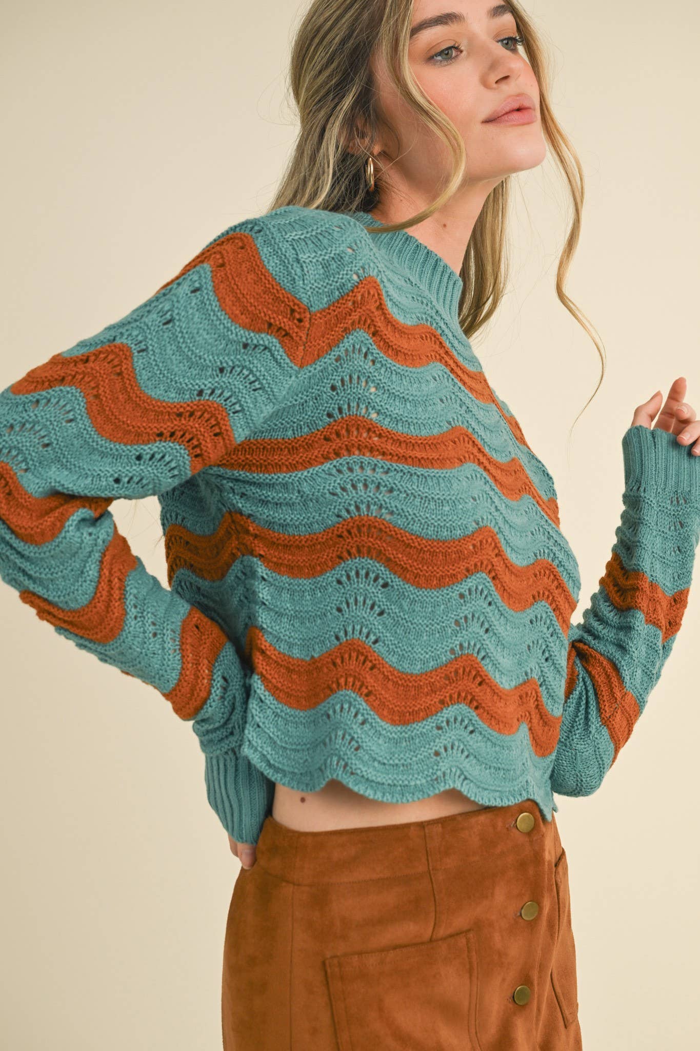 WAVE PATTERN POINTELLE SWEATER