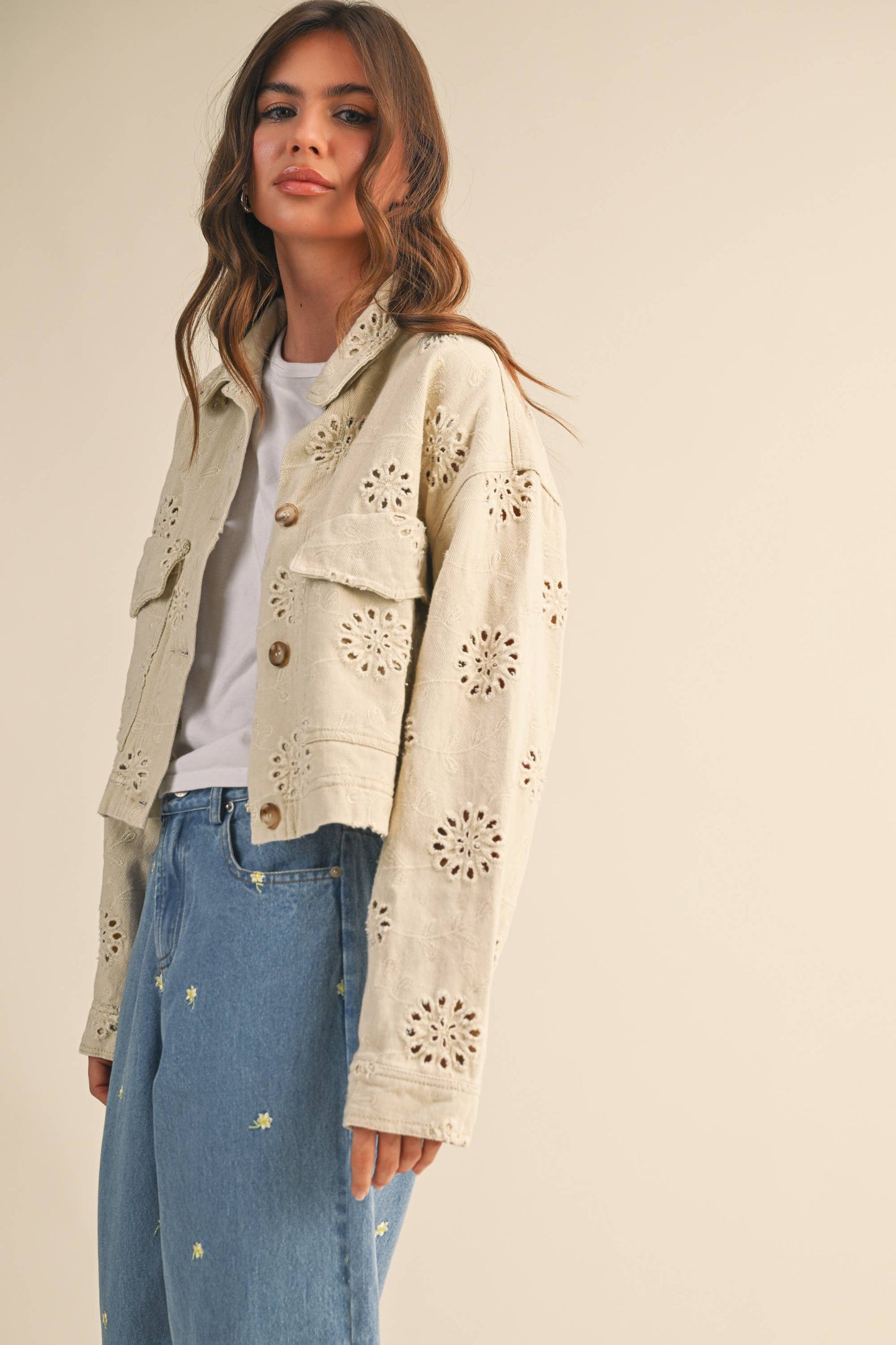 EYELET TWILL CROPPED JACKET
