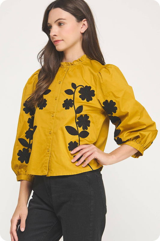 3/4 Sleeve Flower Embroidery Ruffle Neck Shirt