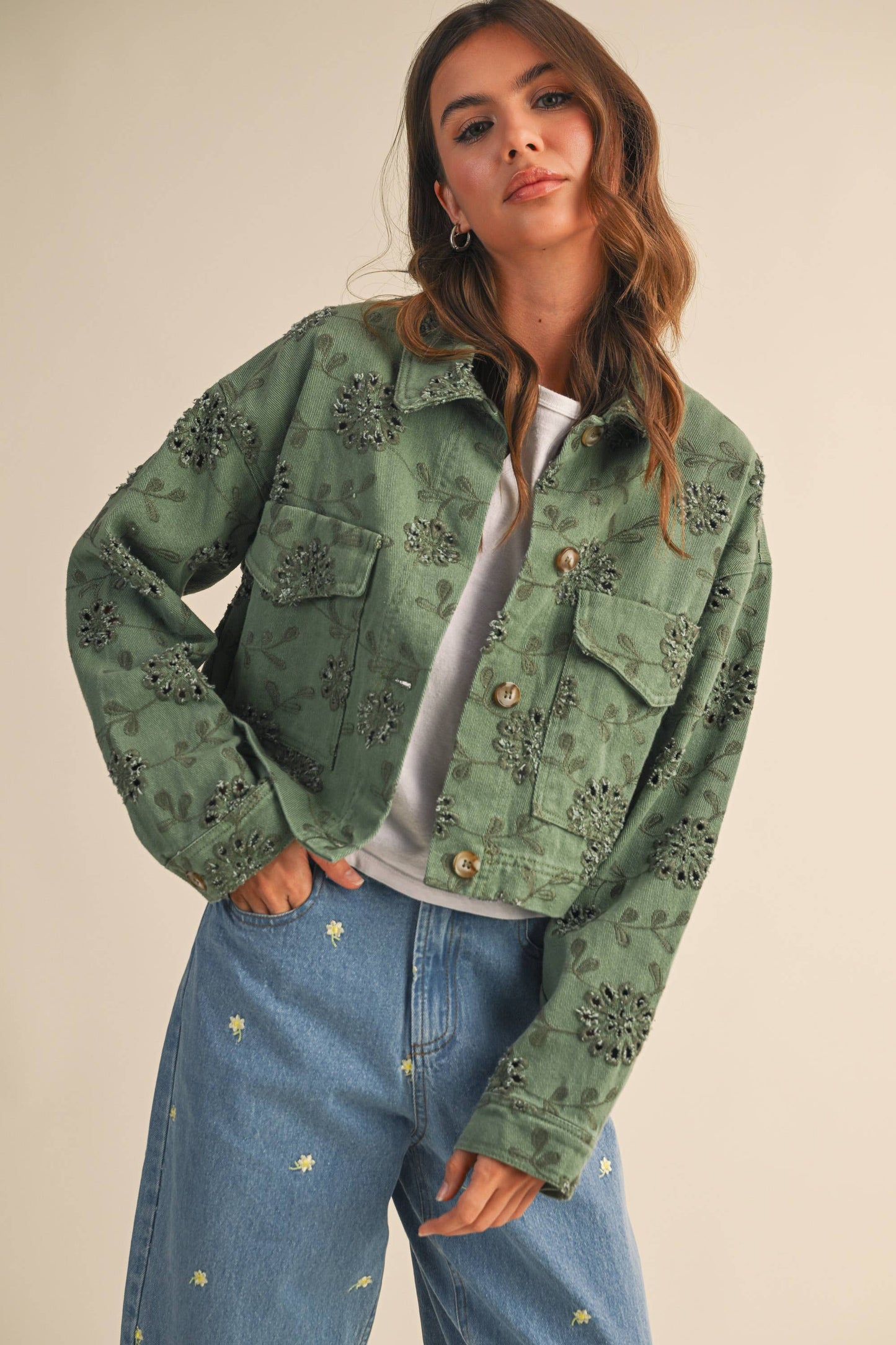 EYELET TWILL CROPPED JACKET