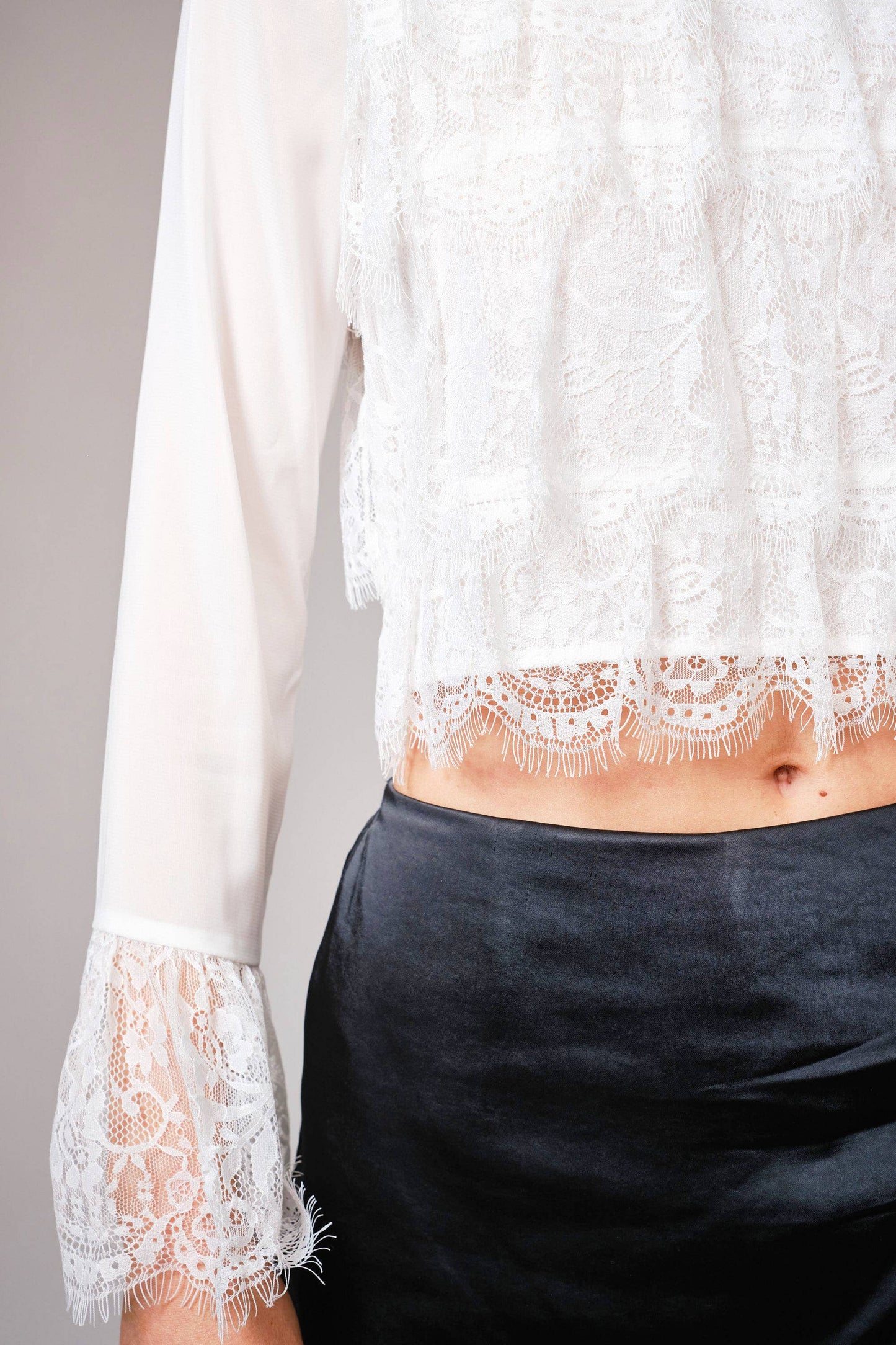 Mock Neck Tiered Lace Bell Sleeve Top