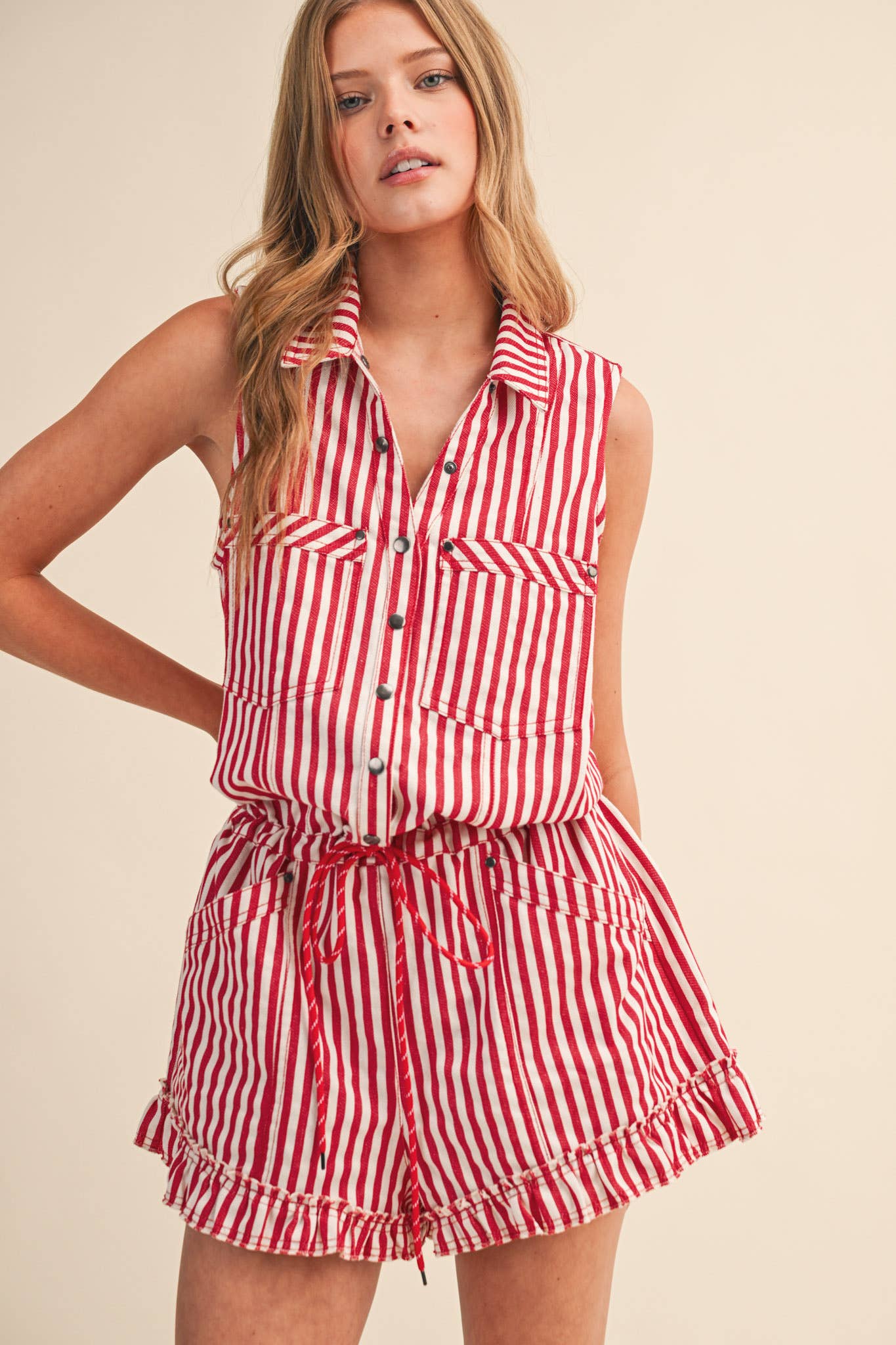 STRIPED BUTTON DOWN SLEEVELESS ROMPER