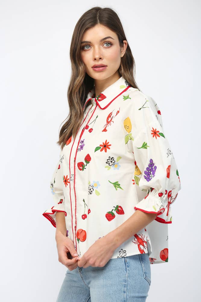 PIPING SUMMER PRINT BUTTON DOWN BLOUSE