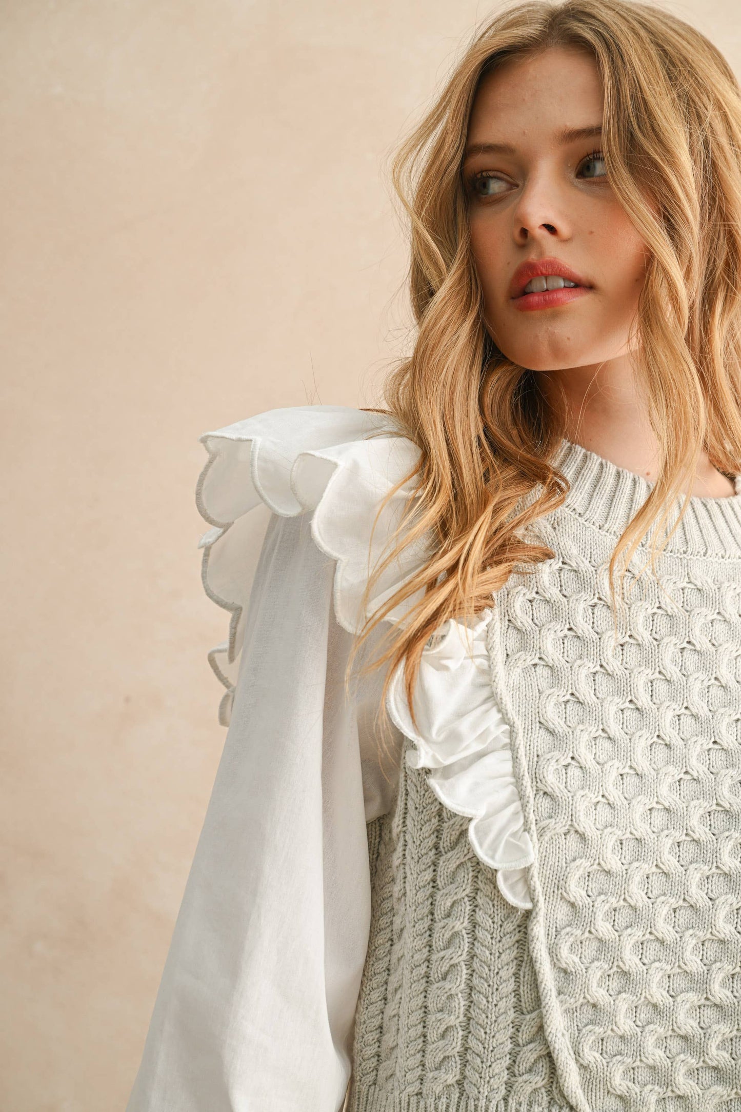 RUFFLE TRIMMED LONG SLEEVE SWEATER COMBO BLOUSE