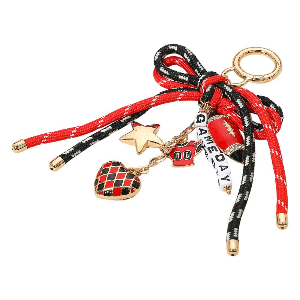 Football Themed Charm GAME DAY Message Beaded Rope Bow Accent Keychain / Bag Charm