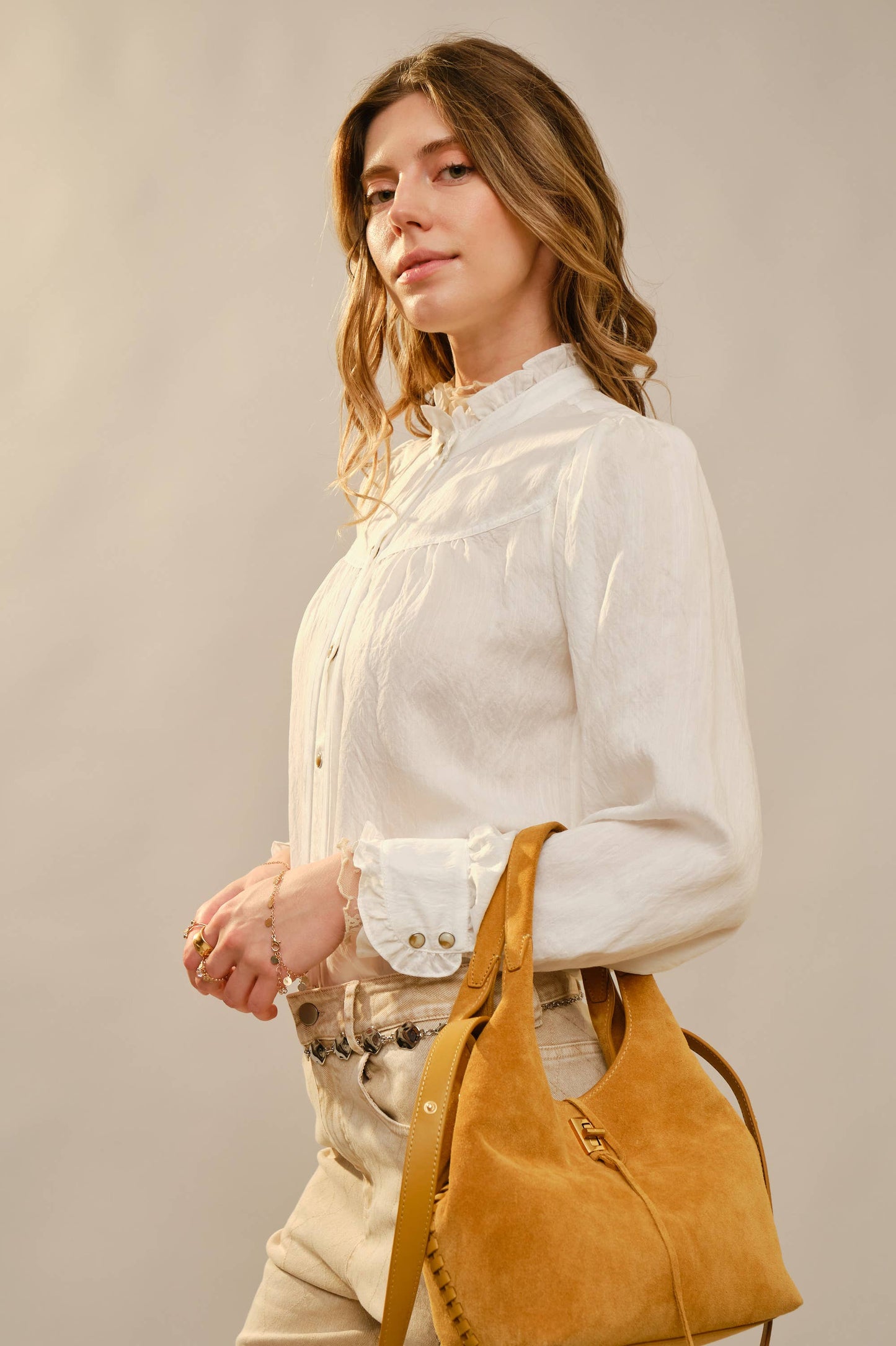 - Ruffle Neck Denim Snap Button Shirt