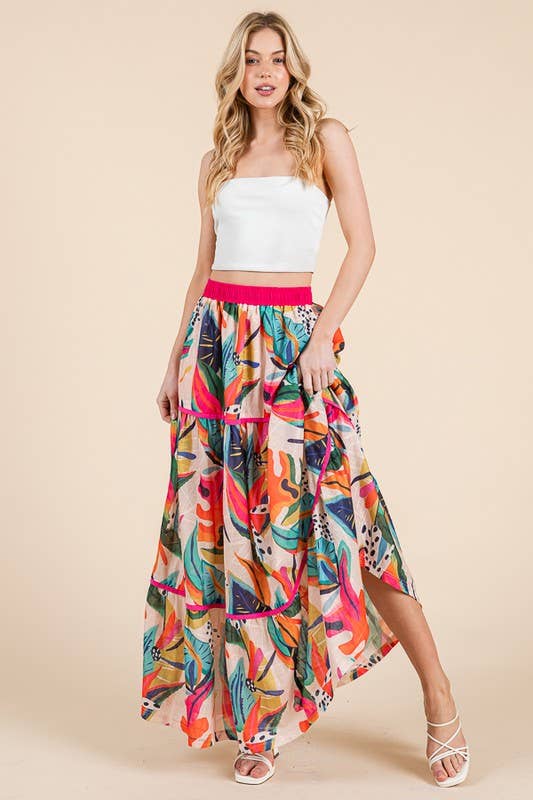 Abstract Print Tiered Maxi Skirt with Contrast Trim