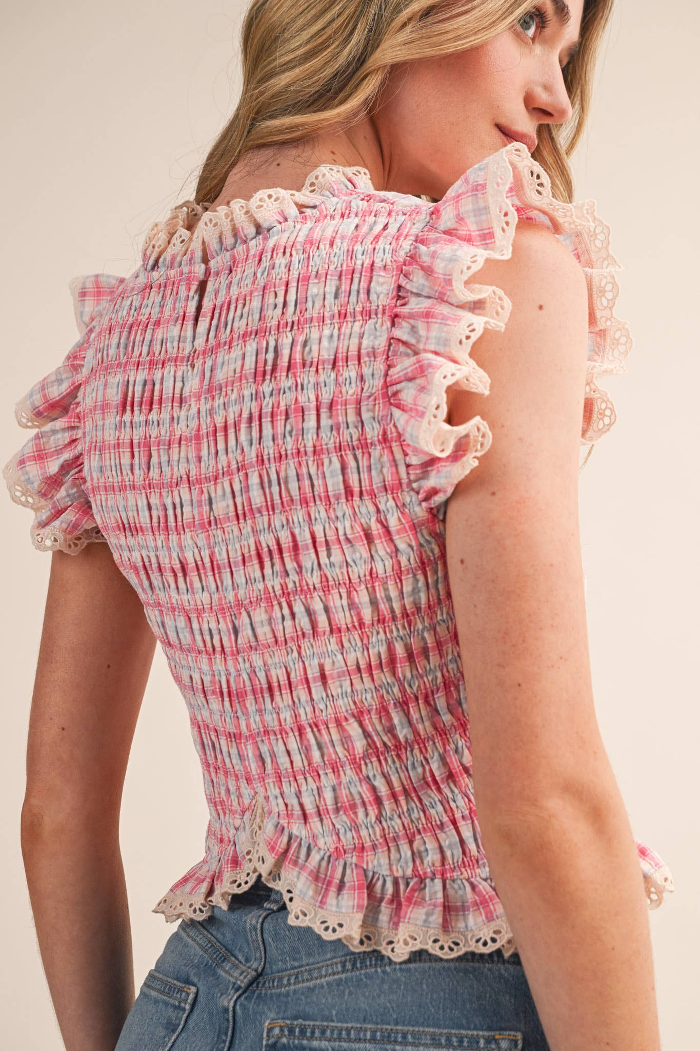 PLAID SMOCKED LACE TRIM TOP MTP4665
