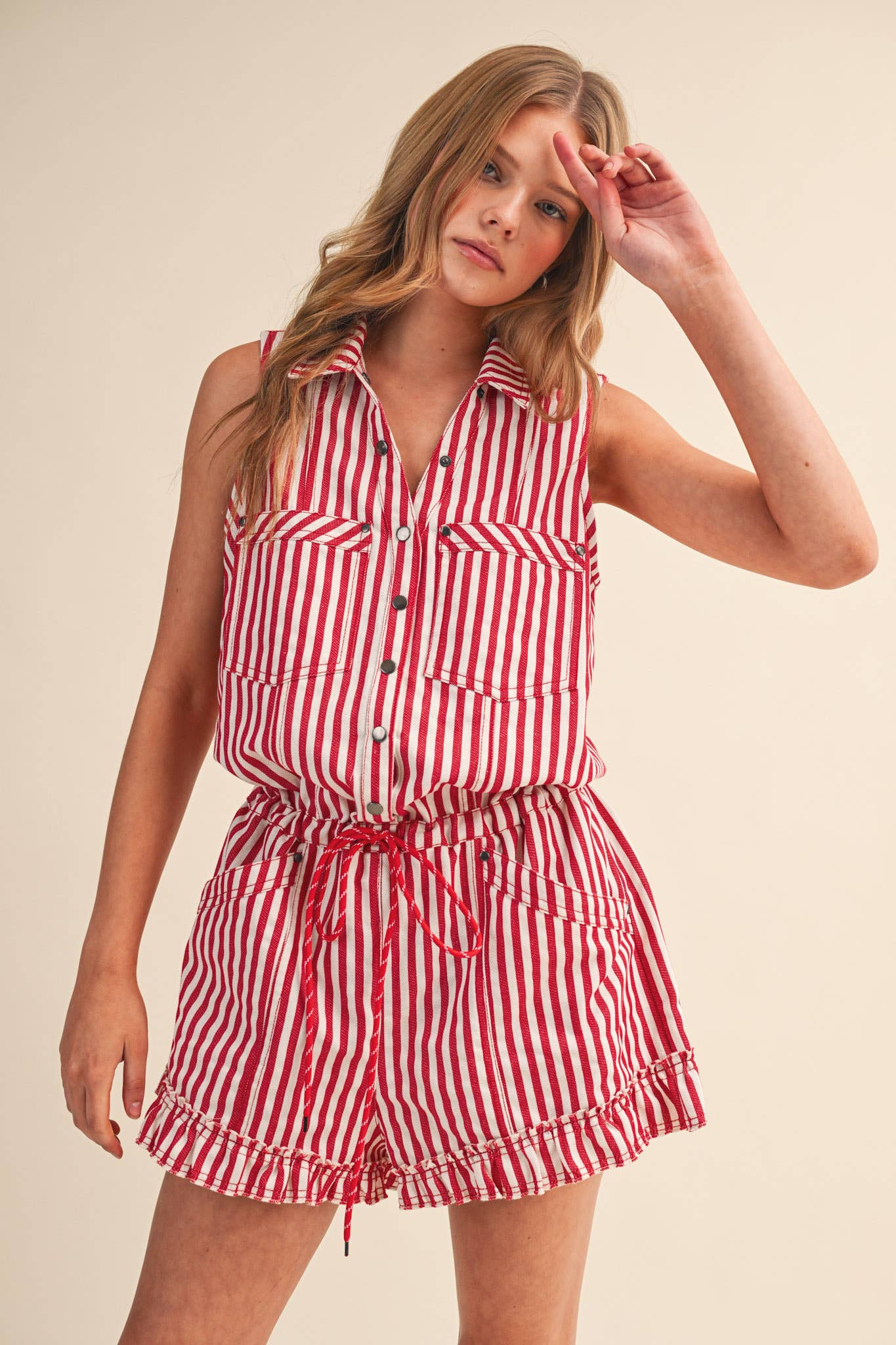 STRIPED BUTTON DOWN SLEEVELESS ROMPER