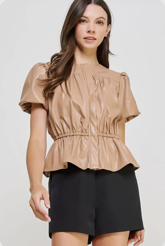 Faux Leather PuffSleeve Top
