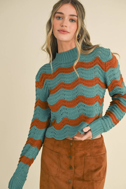 WAVE PATTERN POINTELLE SWEATER