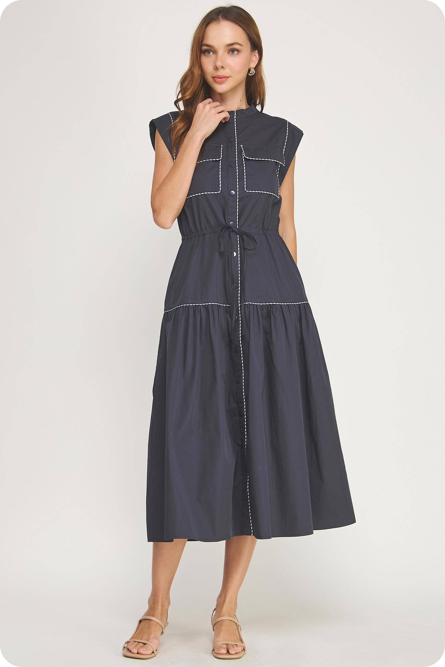 Contrast Piping Utility Midi Shirt Dress