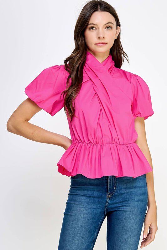 Cross Neck Poplin Puff Sleeve Blouse
