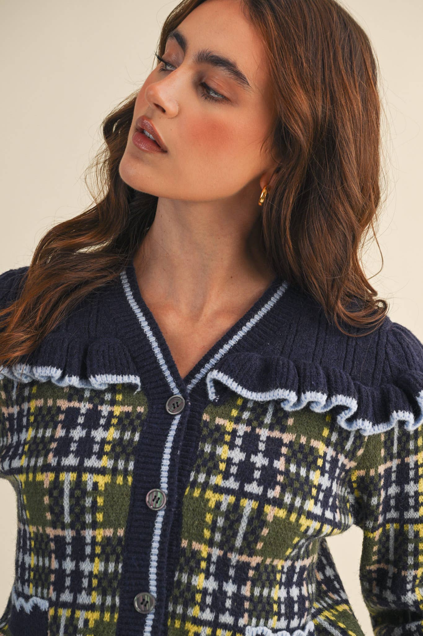 RUFFLED YOKE PLAID SWEATER CARDIGAN- Preorder