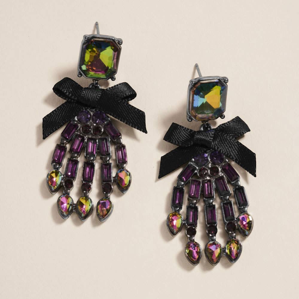 Bow Accent Glass Stone Skeleton Hand Dangle Earrings