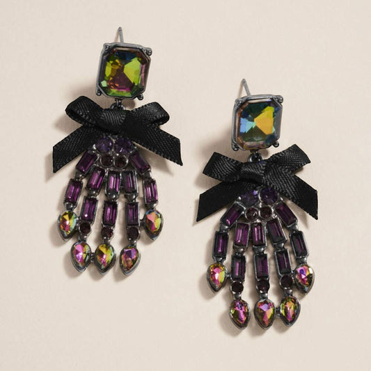 Bow Accent Glass Stone Skeleton Hand Dangle Earrings