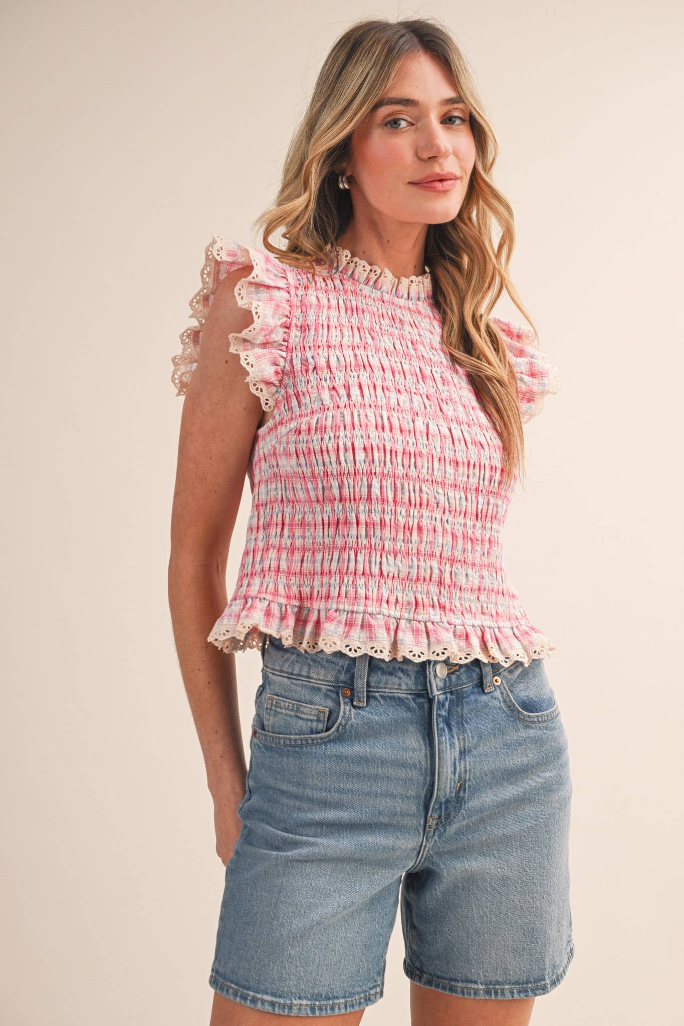 PLAID SMOCKED LACE TRIM TOP MTP4665