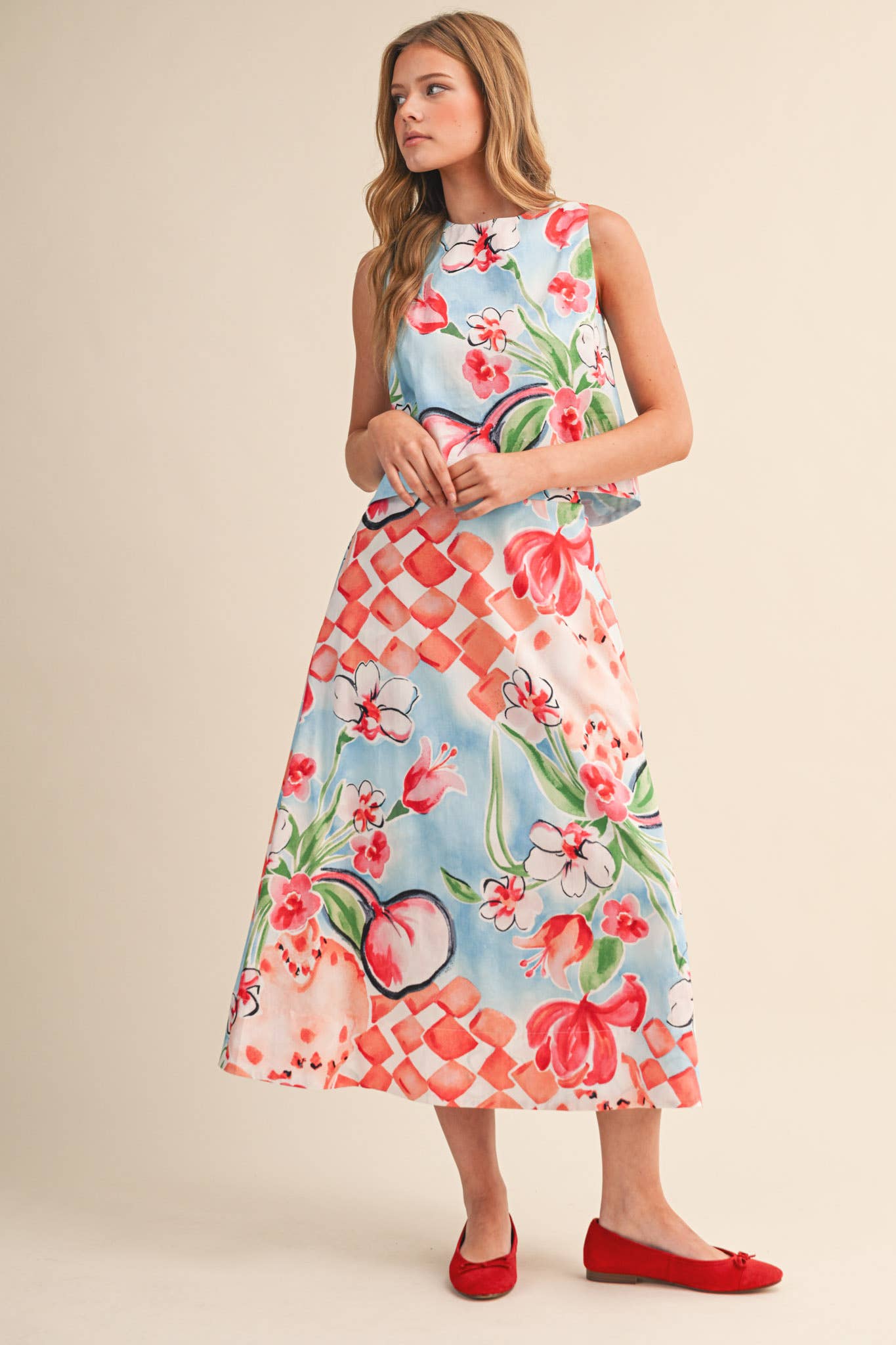 EXCLUSIVE FLORAL PRINT CROP TANK AND MIDI SKIRT SET MPST4719