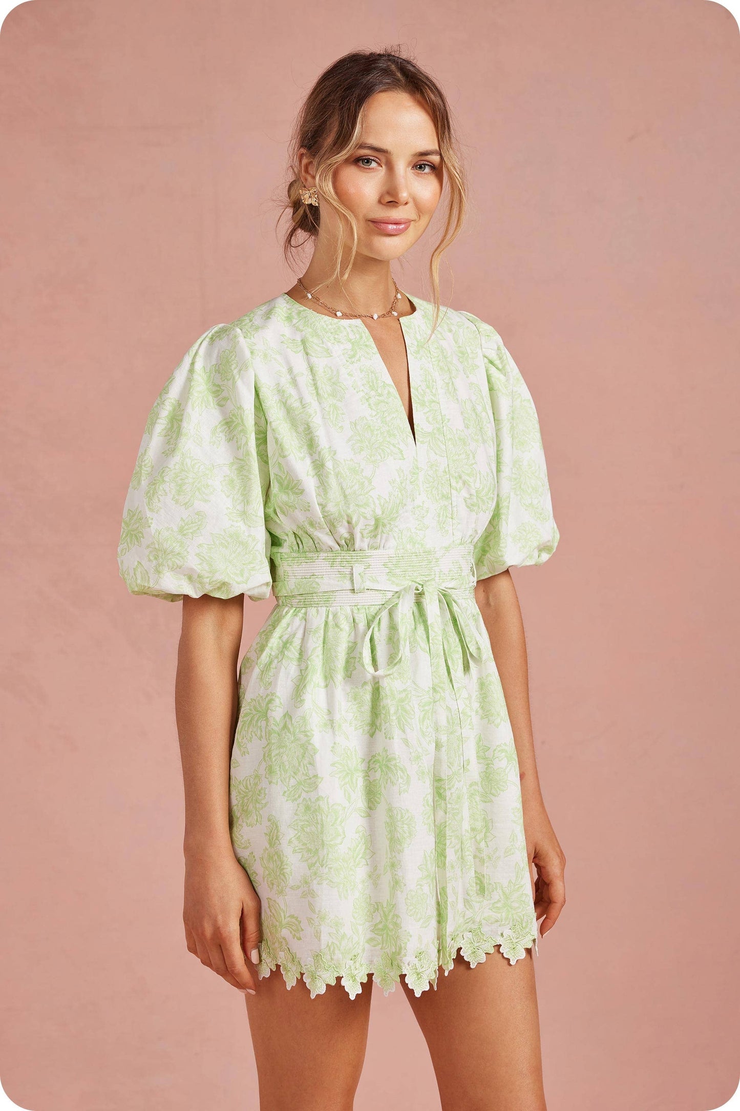 Botanical Garden Scallop Lace Puff Mini Dress