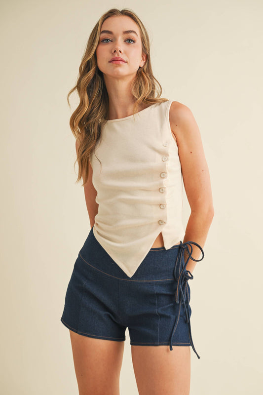 -Asymmetrical Button Detail Down Knit Tank
