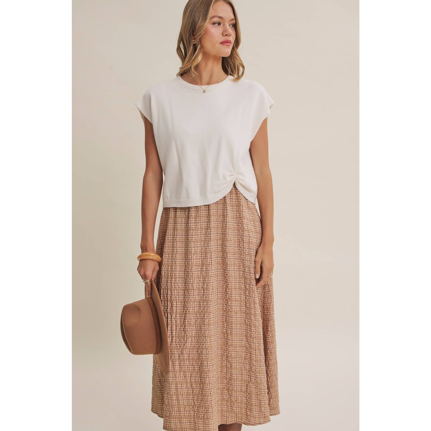 GINGHAM SWEATER MIDI DRESS