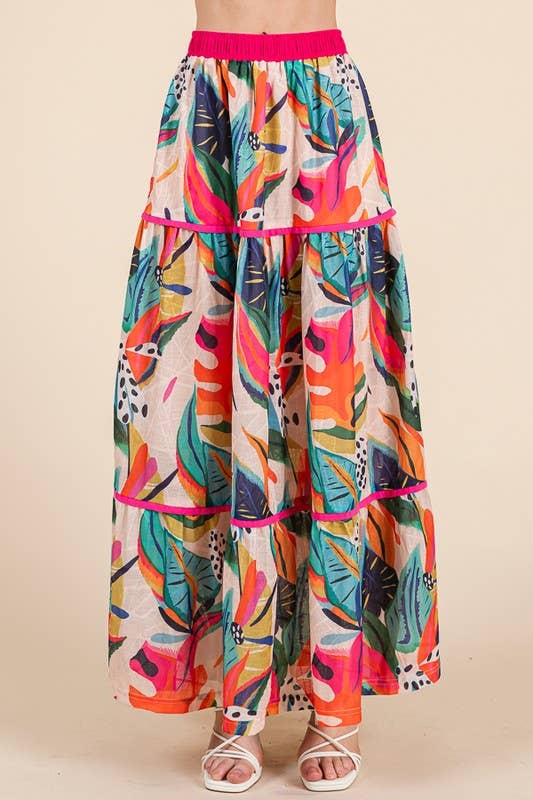 Abstract Print Tiered Maxi Skirt with Contrast Trim
