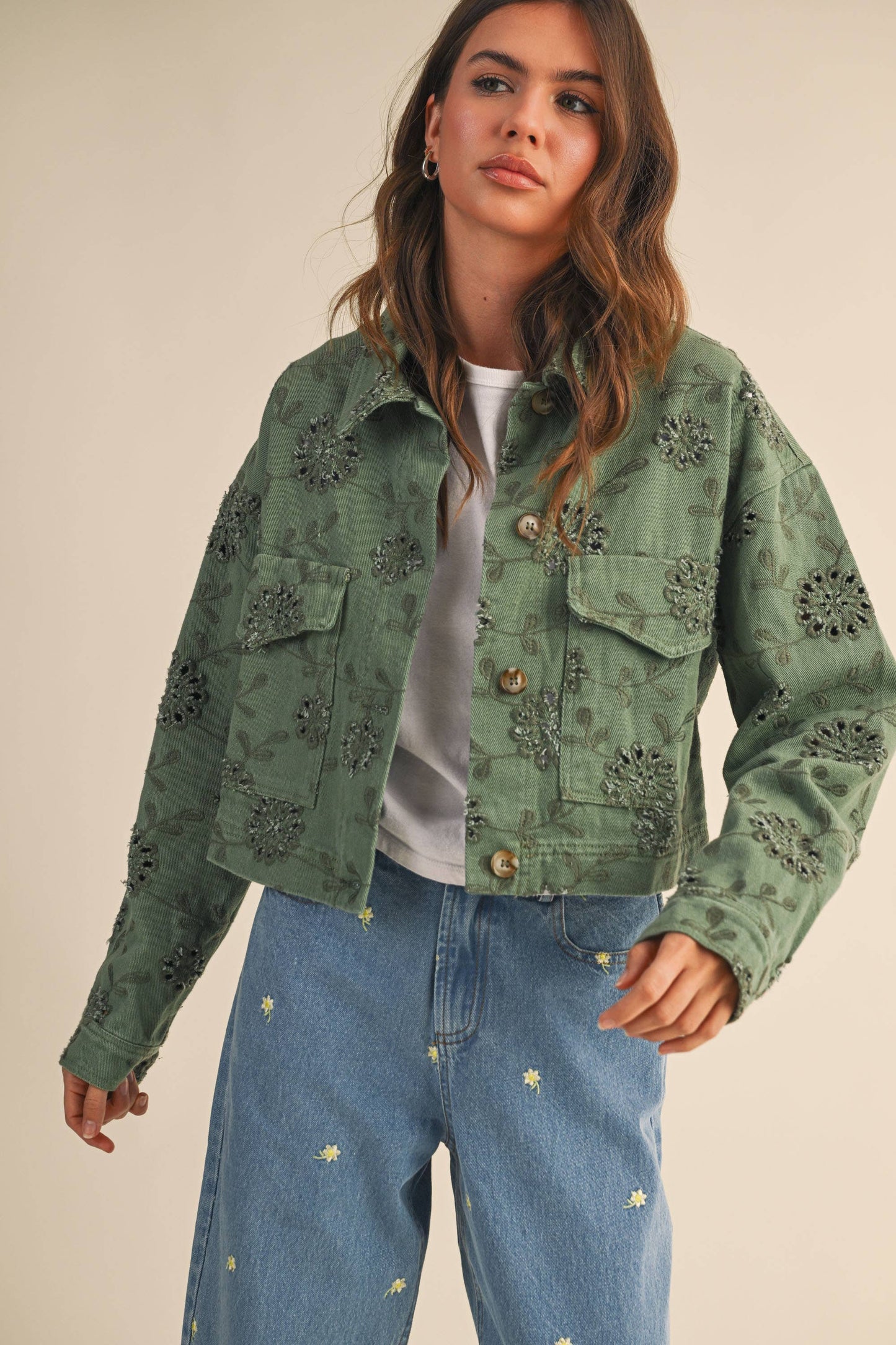 EYELET TWILL CROPPED JACKET