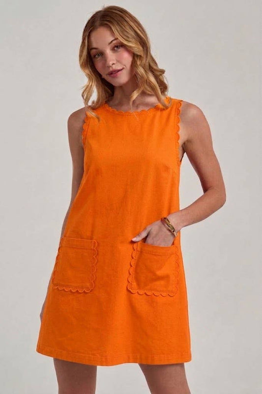GAME DAY COLOR DENIM MINI DRESS WITH SCALLOPED EMBROIDERY