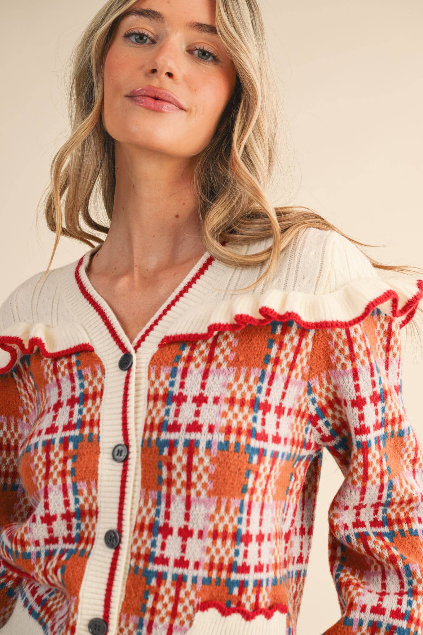 RUFFLED YOKE PLAID SWEATER CARDIGAN- Preorder