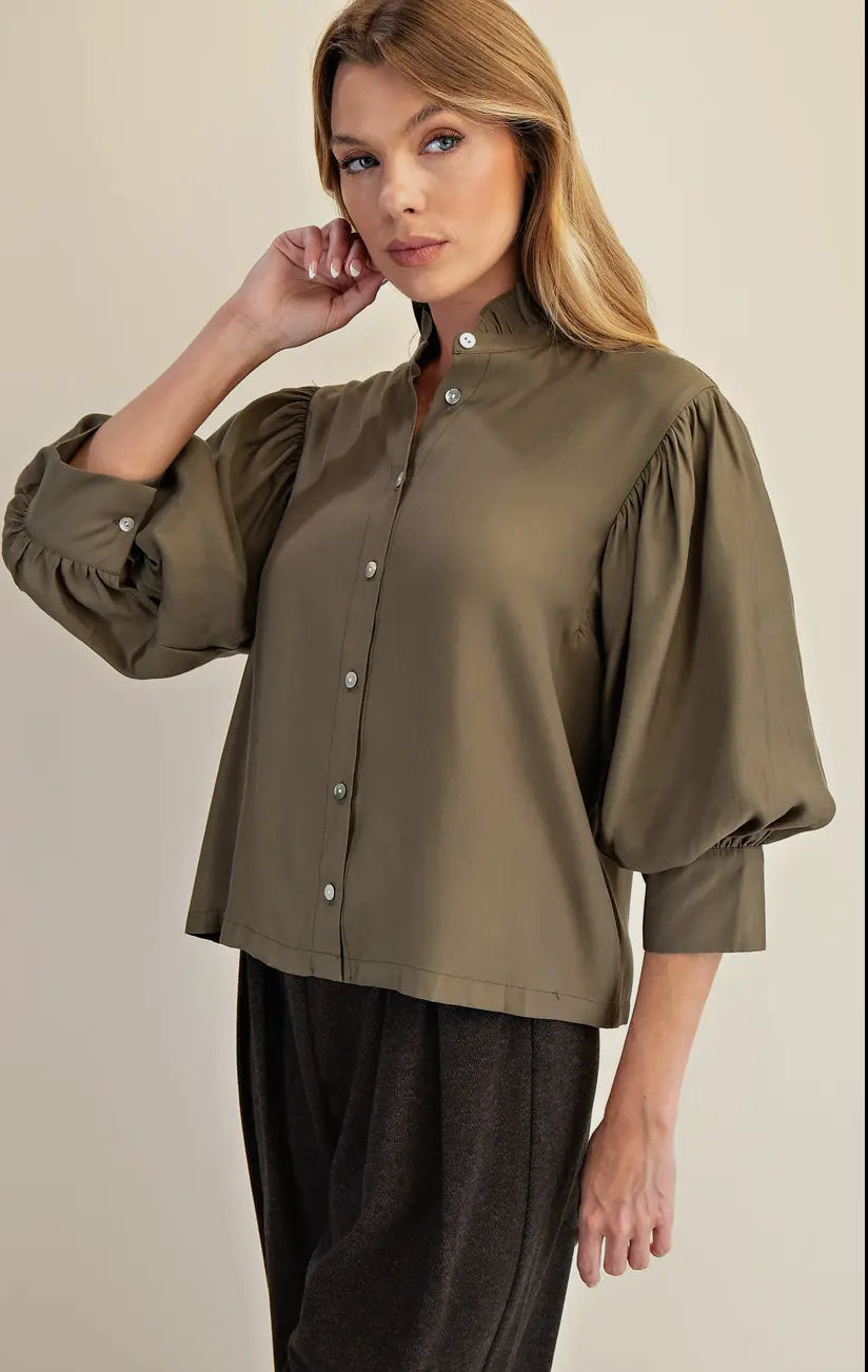 Ruffle Neck Puff Sleeve Blouse