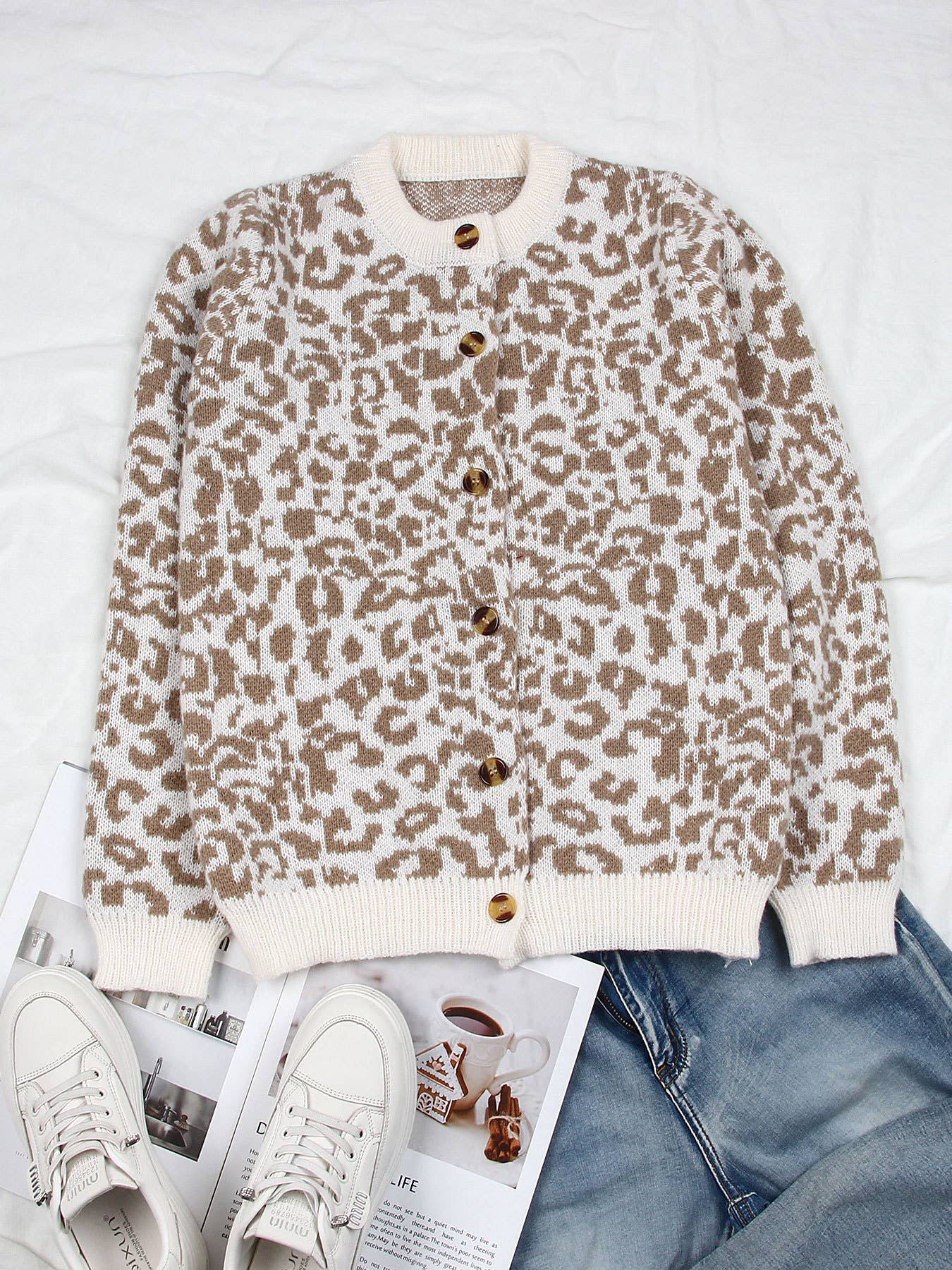 Retro Slouchy Leopard Print Crewneck Cardigan