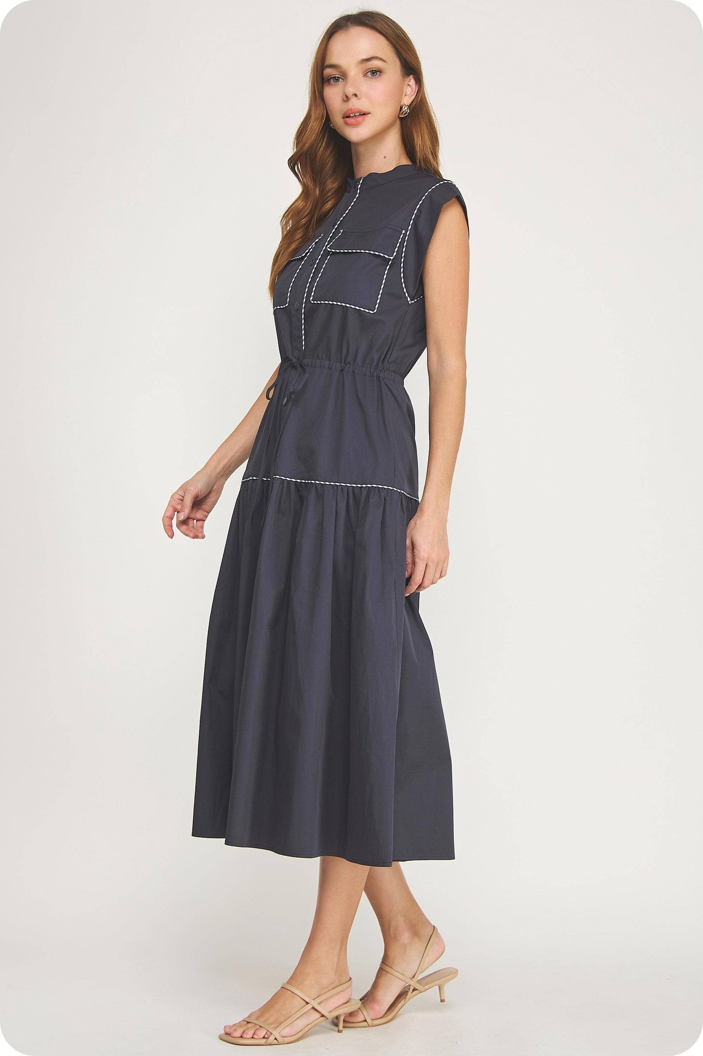 Contrast Piping Utility Midi Shirt Dress