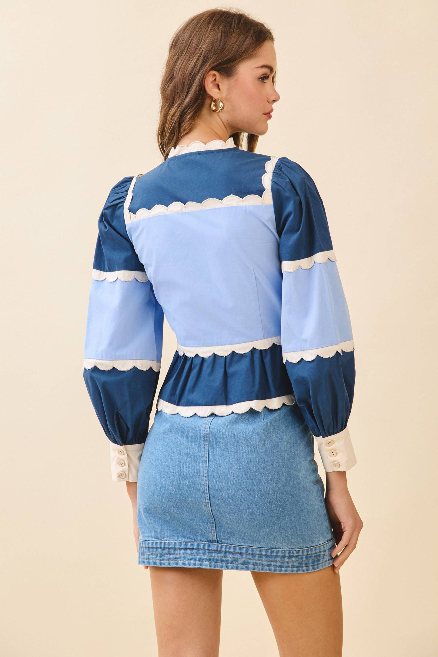 Color Block Scalloped Detail Peplum Top