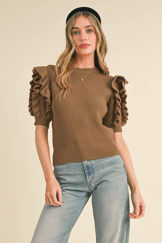 RUFFLE DETAIL SHORT SLEEVE SWEATER