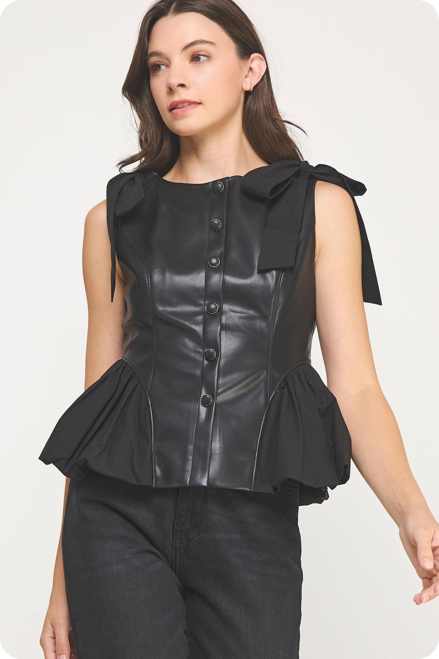 Button Down Detail Faux Leather Bubble Top