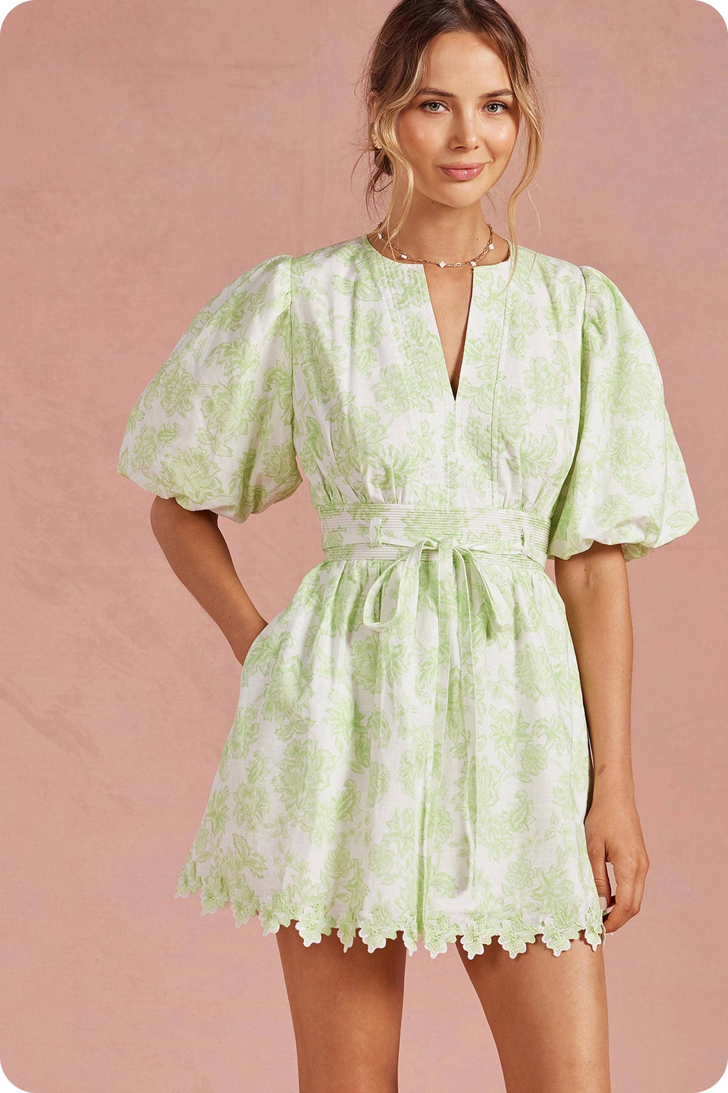 Botanical Garden Scallop Lace Puff Mini Dress