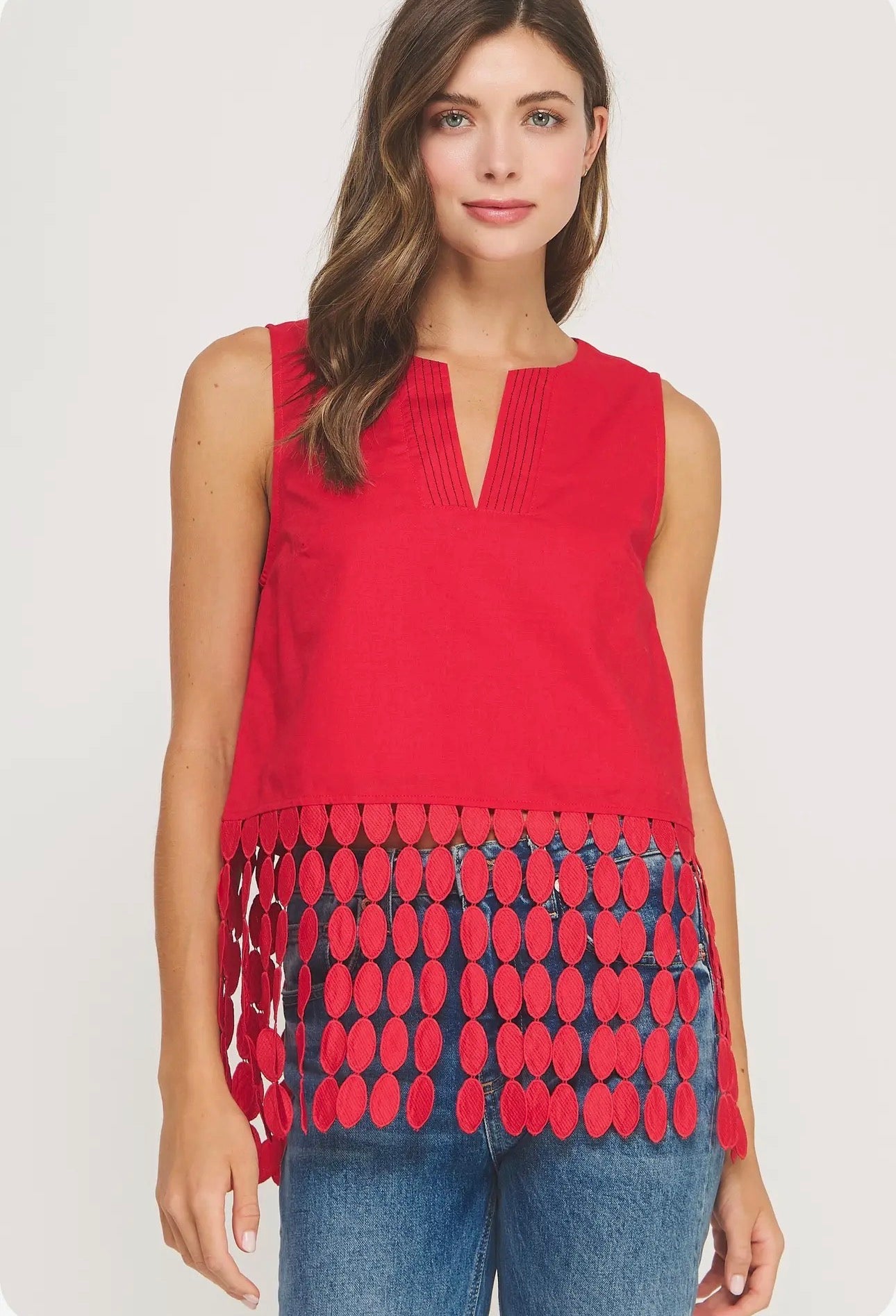 Dotted Lace Fringe Linen Top