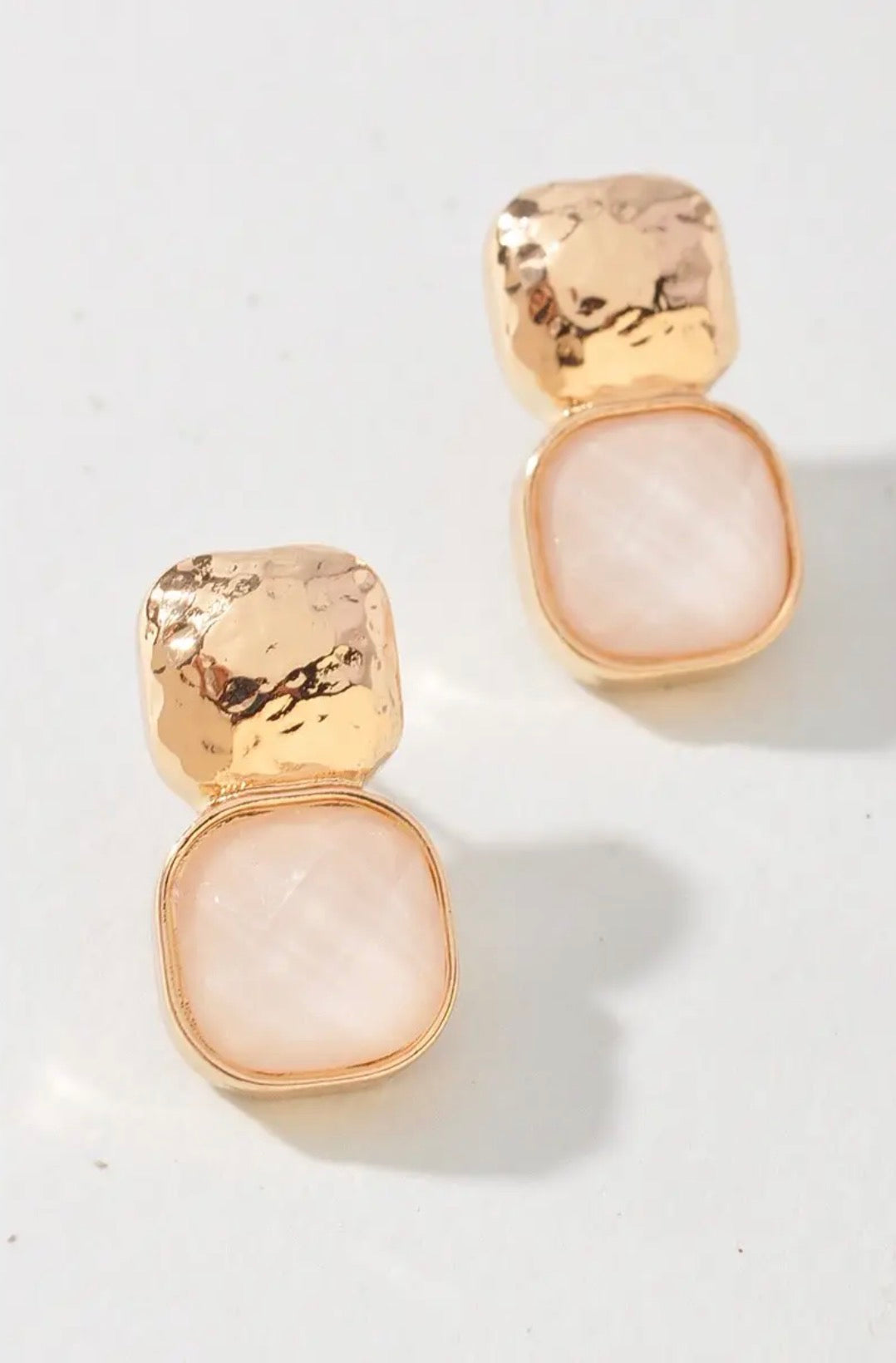 Hammered Metal Square Stone Earring