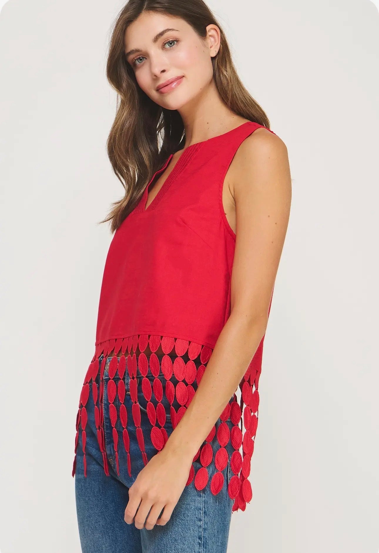 Dotted Lace Fringe Linen Top