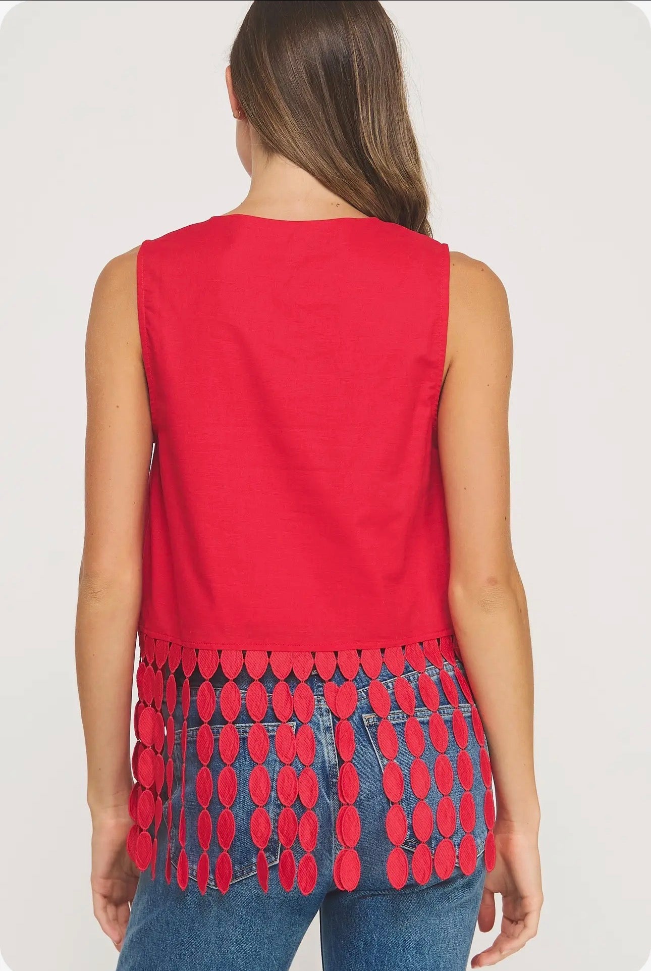 Dotted Lace Fringe Linen Top