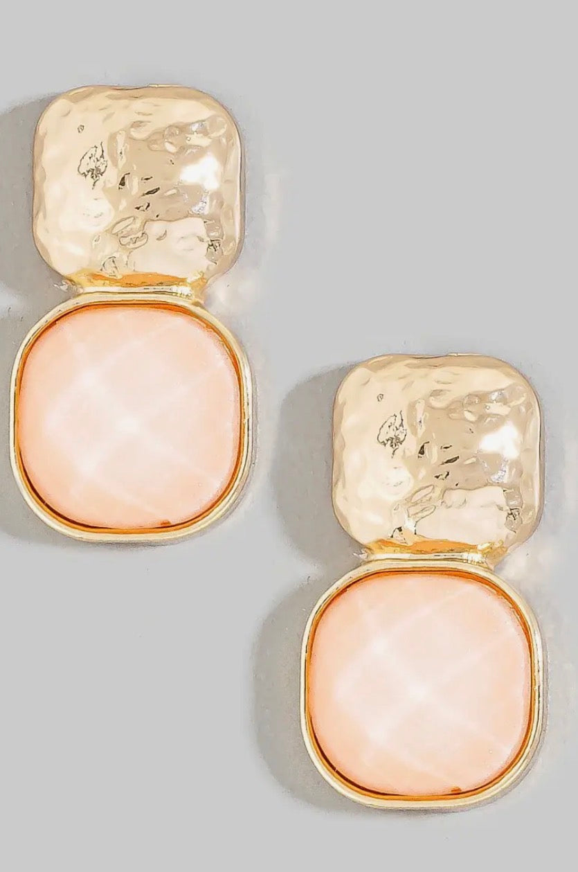 Hammered Metal Square Stone Earring
