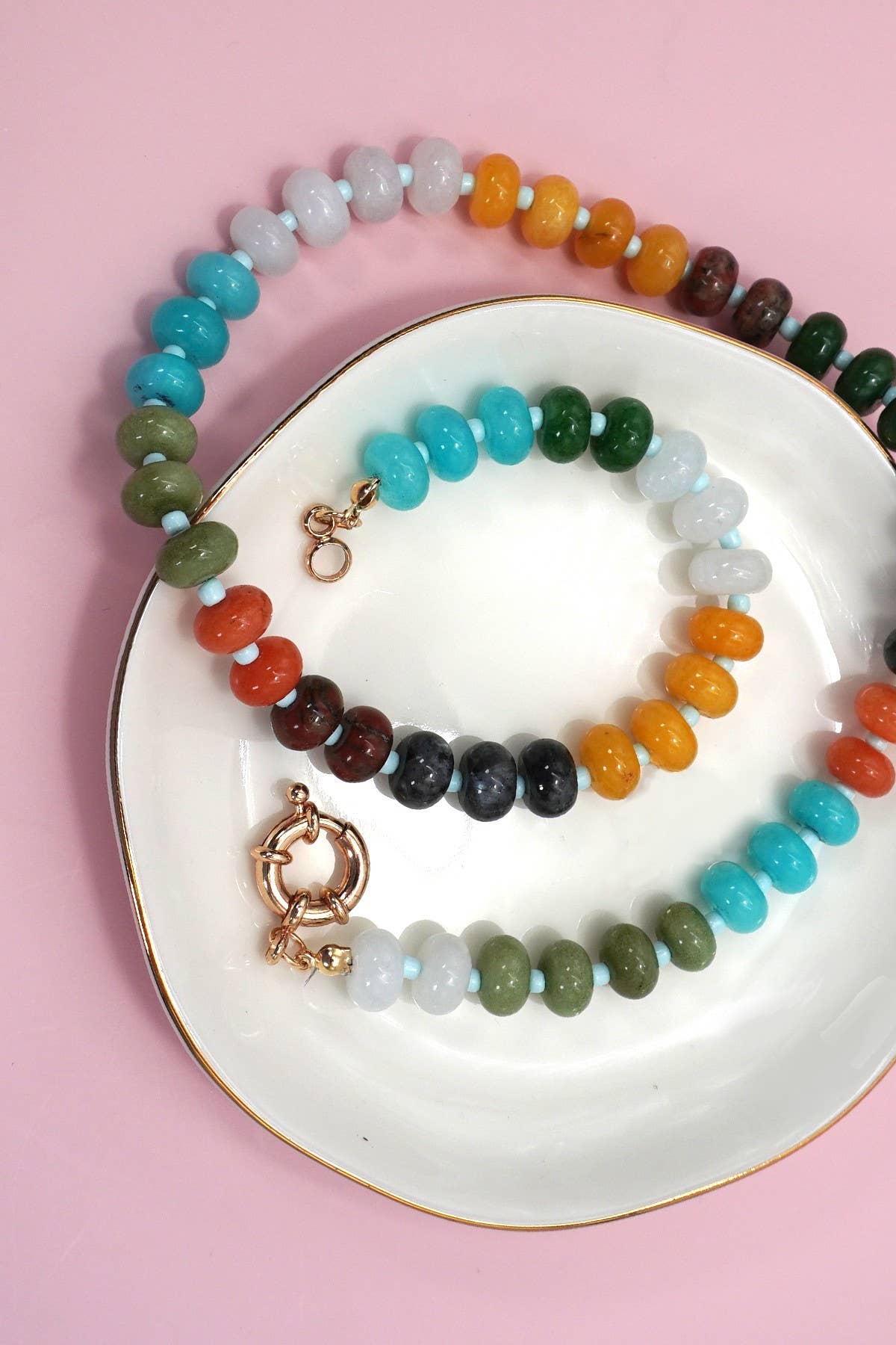 NATURAL STONE CHARM  SPRING CLASP BEADED NECKLACE | 40NK9461