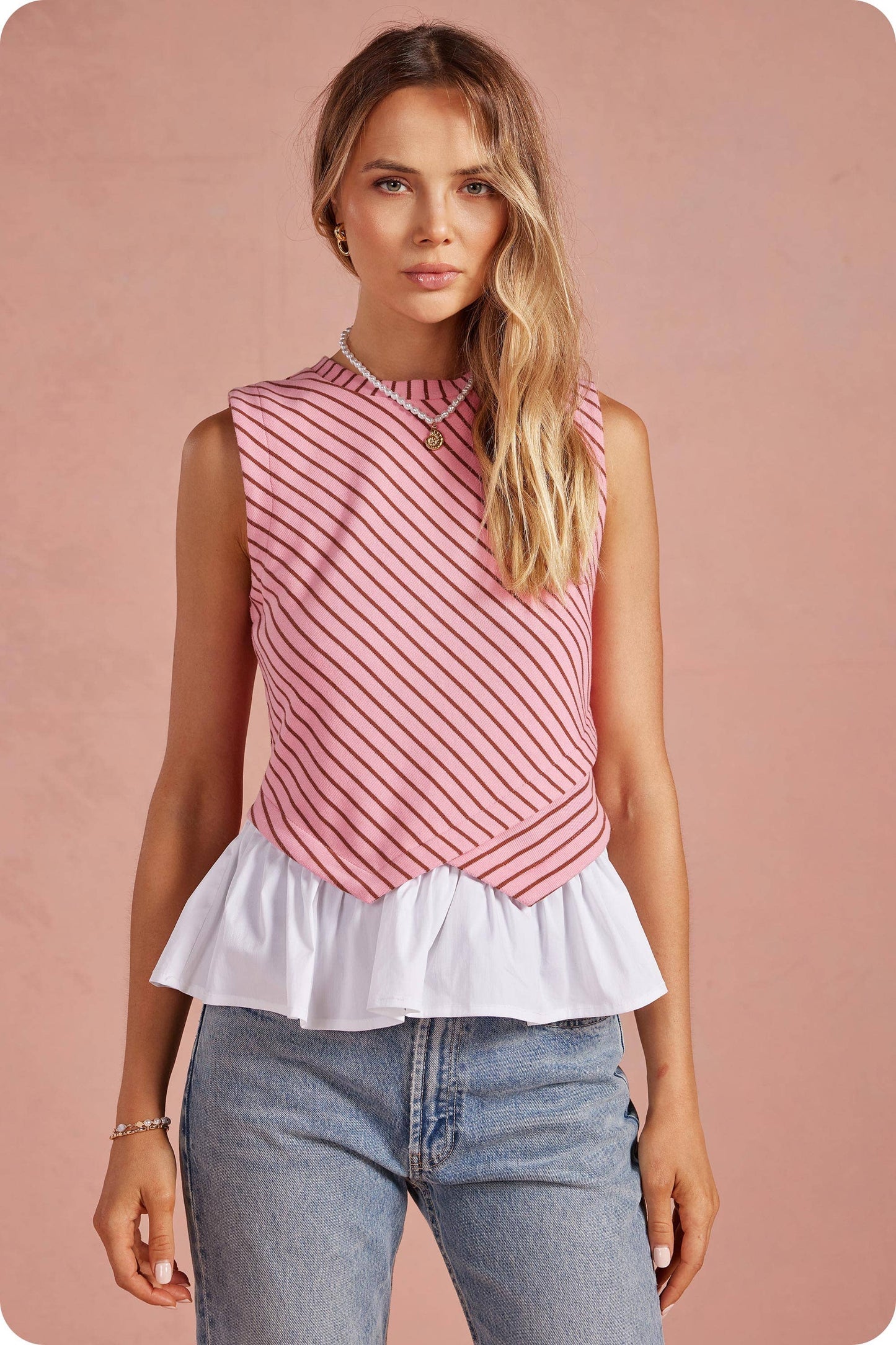 Wrap-Over Mixed Media Sleeveless Striped Knit Top