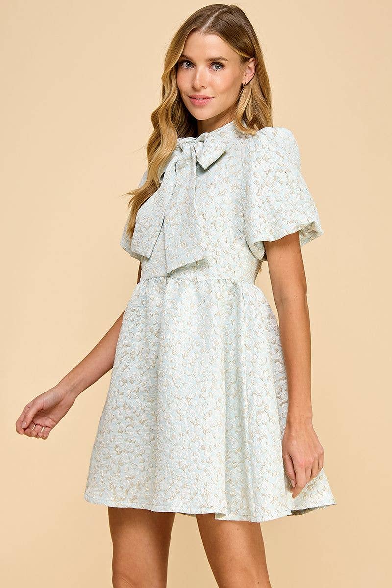 Jacquard Puff Sleeve Pussy Bow Detail Dress