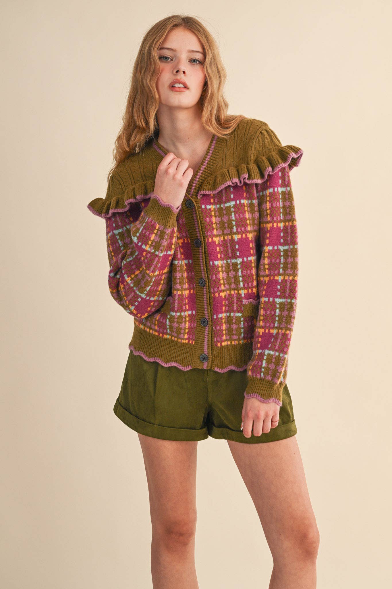 RUFFLED YOKE PLAID SWEATER CARDIGAN- Preorder