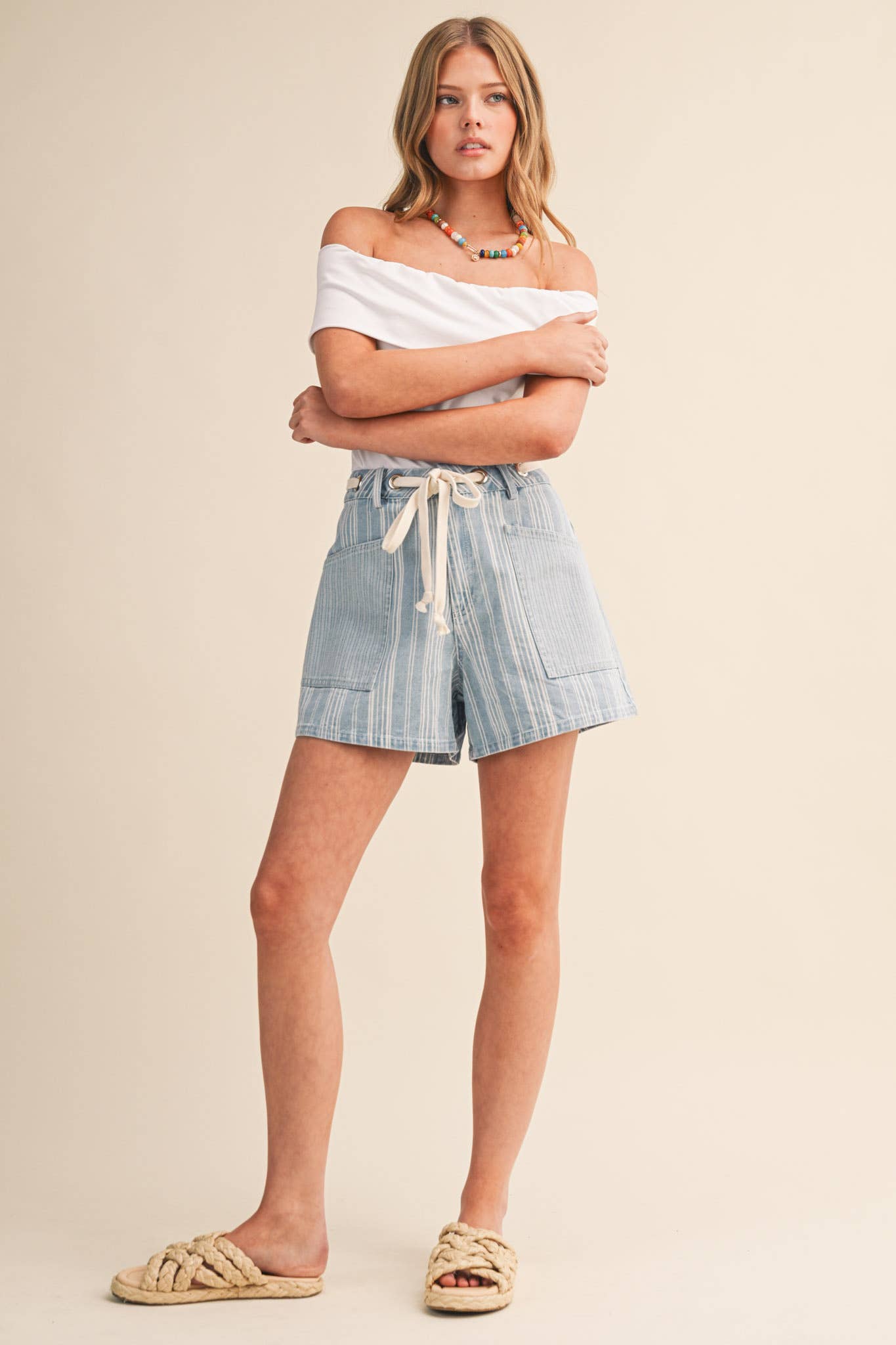 MIXED STRIPES DENIM SHORTS