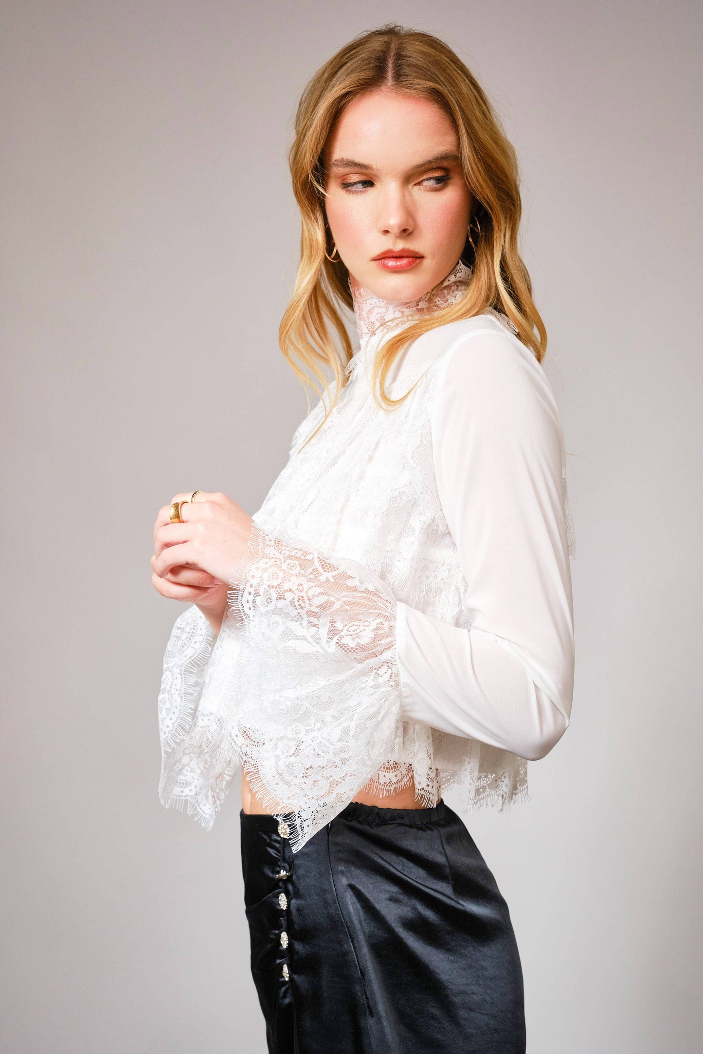 Mock Neck Tiered Lace Bell Sleeve Top