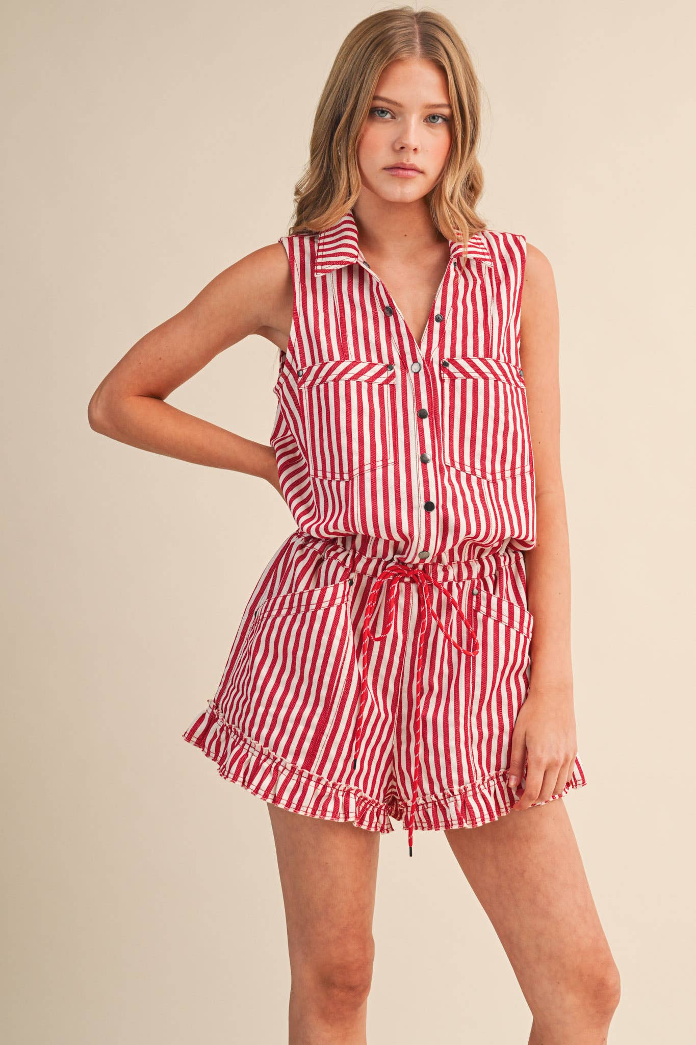 STRIPED BUTTON DOWN SLEEVELESS ROMPER