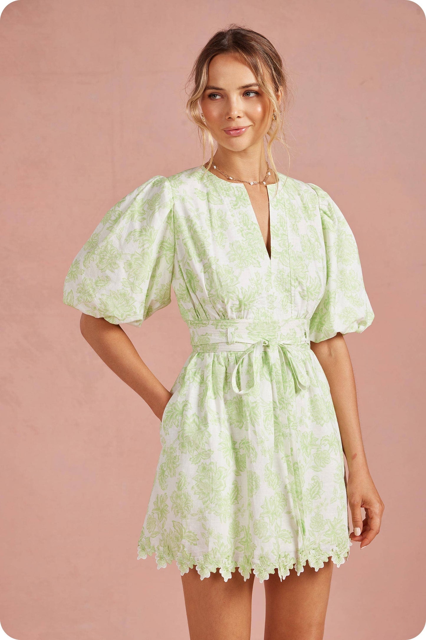Botanical Garden Scallop Lace Puff Mini Dress